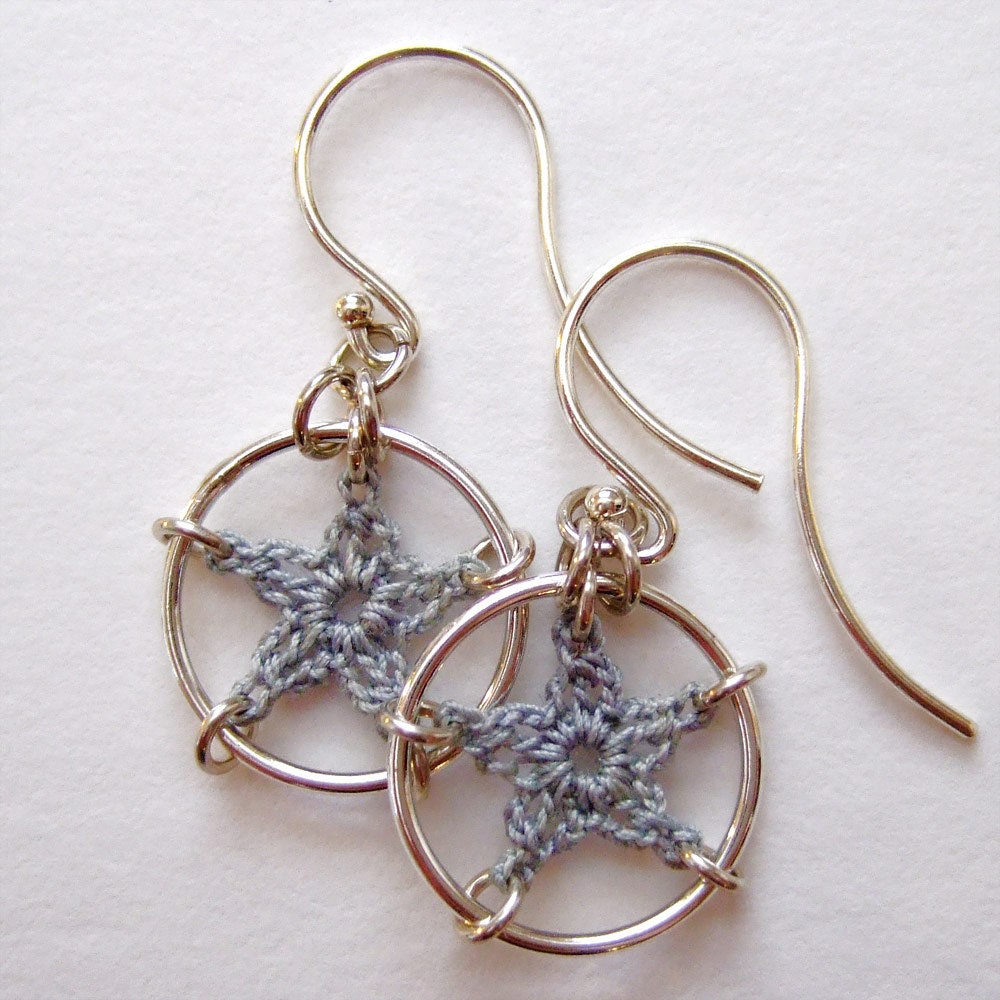 Tiny Stars, gray-green-blue cotton earrings