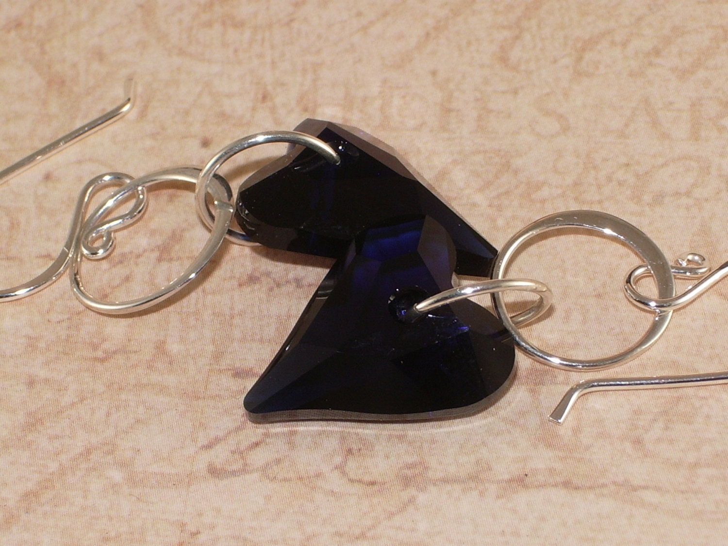 Dark Blue Heart Earrings, Swarovski, Dark Indigo, Wild Heart, Crystal, Sterling Silver, Dangle, Handmade Jewelry