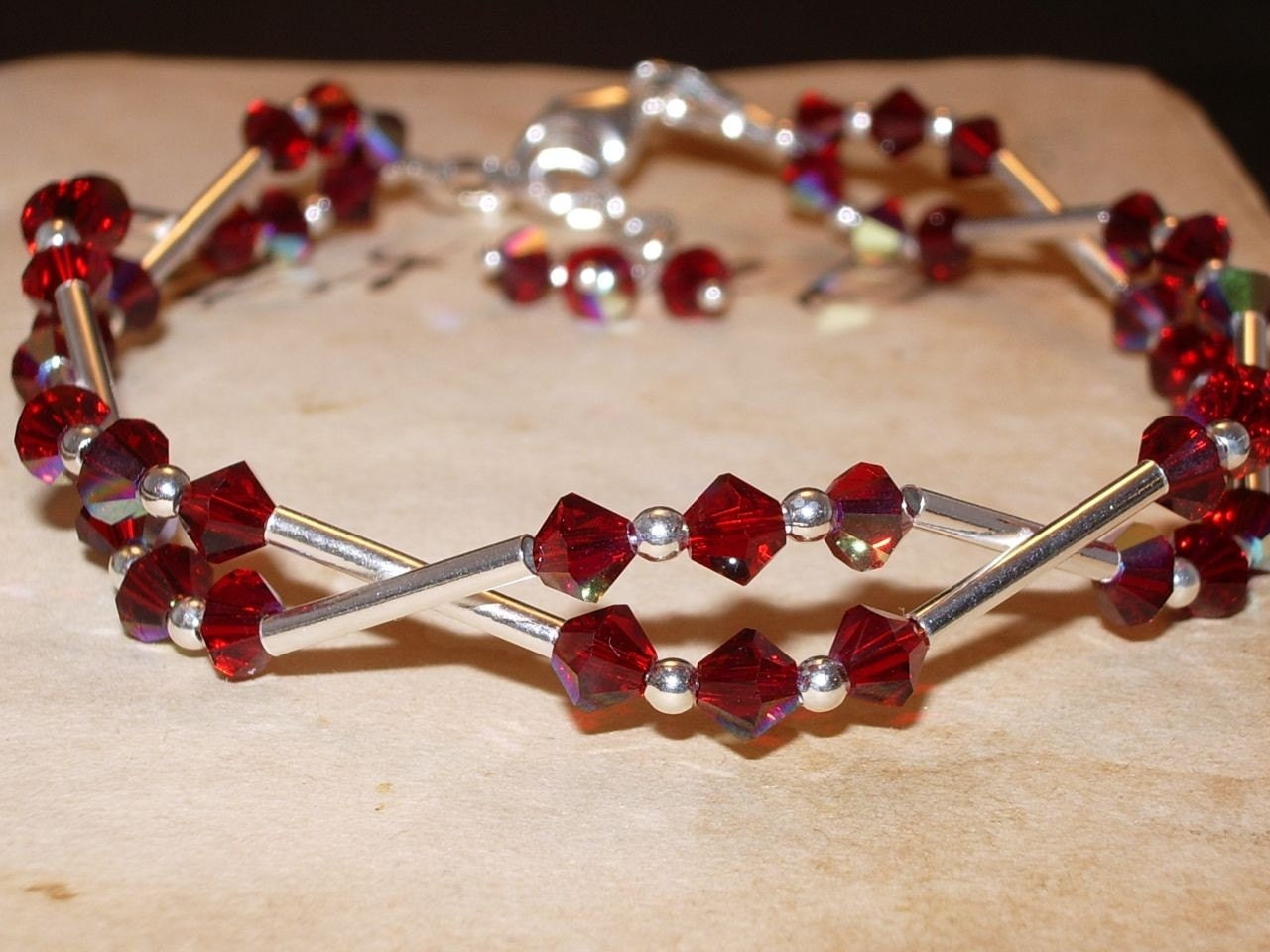 Red Bracelet, Swarovski Crystal, Sterling Silver, Double Strand, Siam, Handmade Jewelry