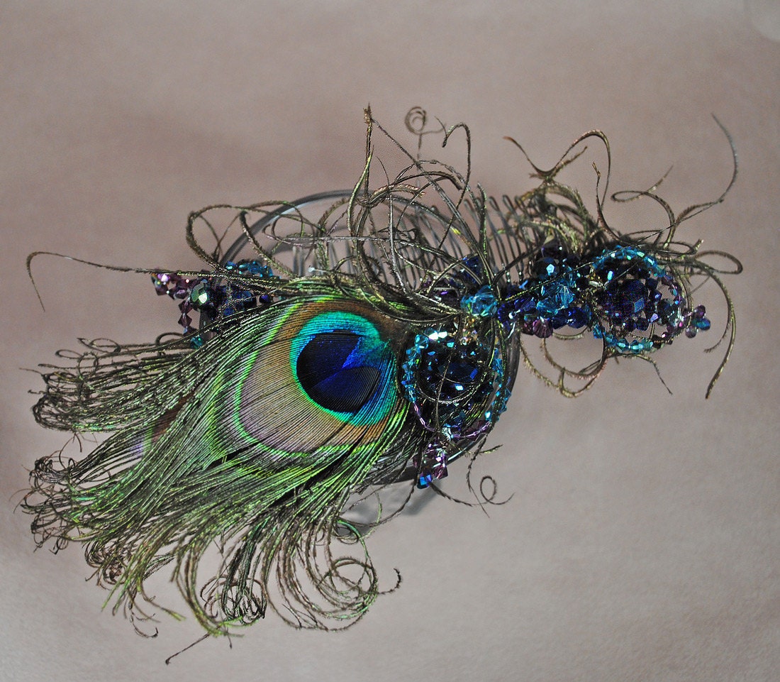 Headpiece Peacock Feather and Swarovski Crystal Vintage Inspired Fascinator