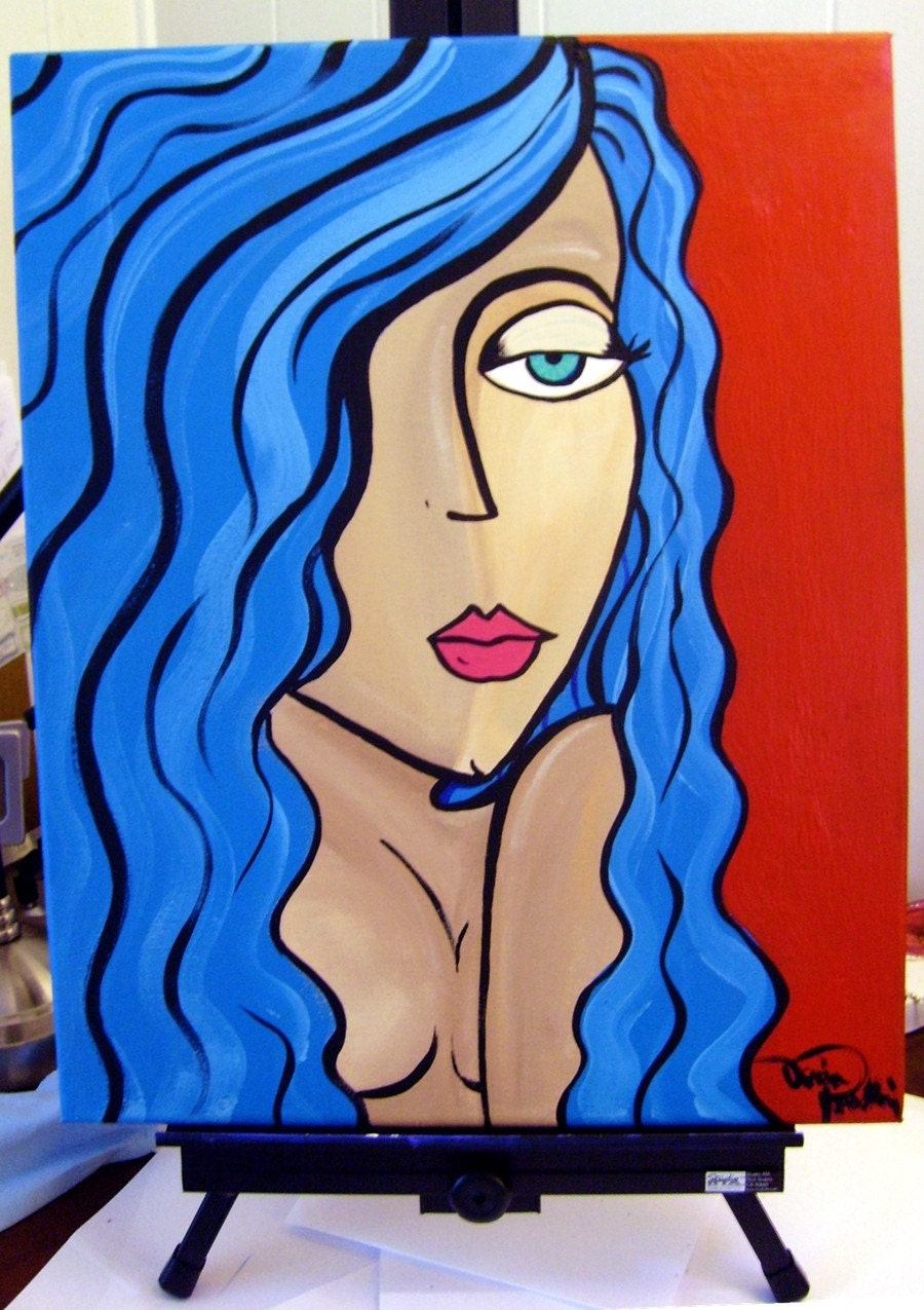 SALE----Original Modern Art Acrylic Painting by Donna Passarelli --- Girl with Blue Hair