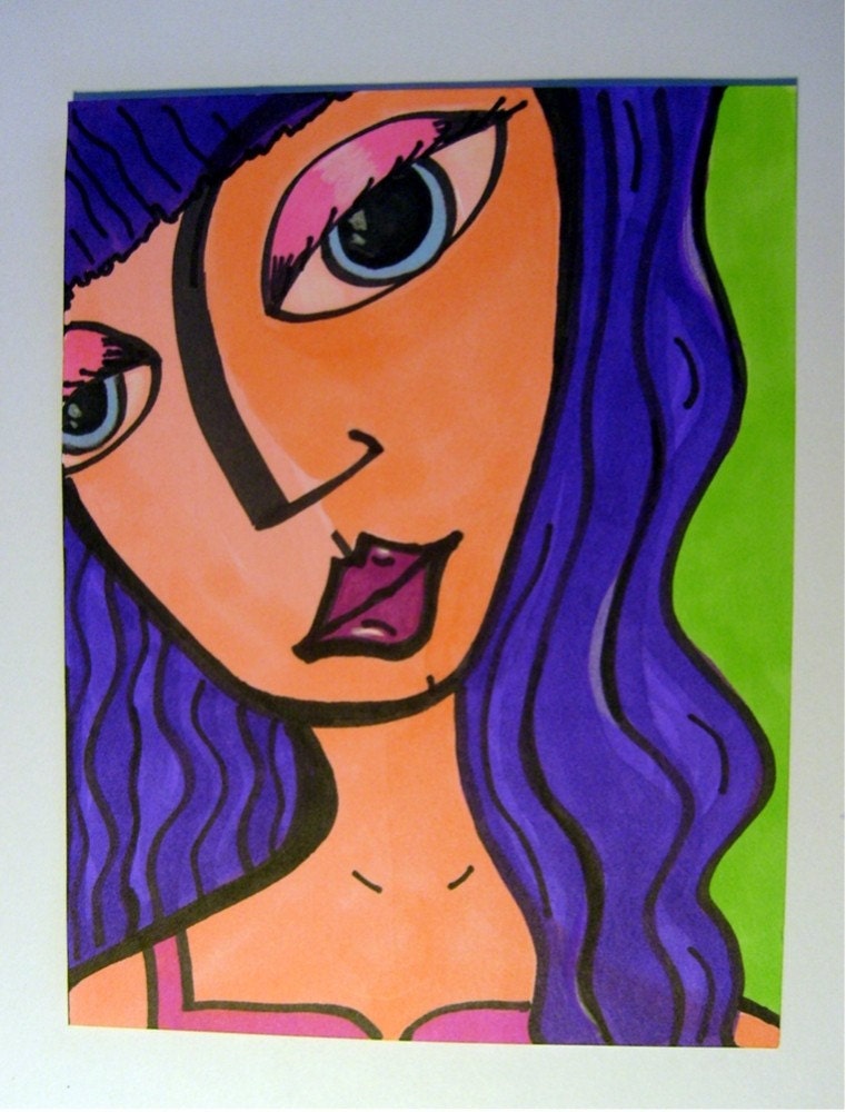 Girl with Purple Hair -- Original Mixed Media Art Work by Donna Passarelli