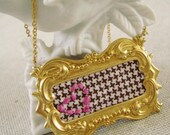 Softhearted . Brass Frame, Chocolate Houndstooth, and Hand-Embroidered Heart