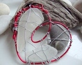 Little Red Heart Seaglass and Beach Pebble Suncatcher Ornament