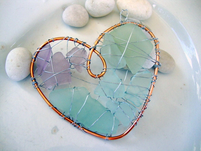RESERVED FOR CATHY  Purple and Aqua Seaglass Heart Suncatcher