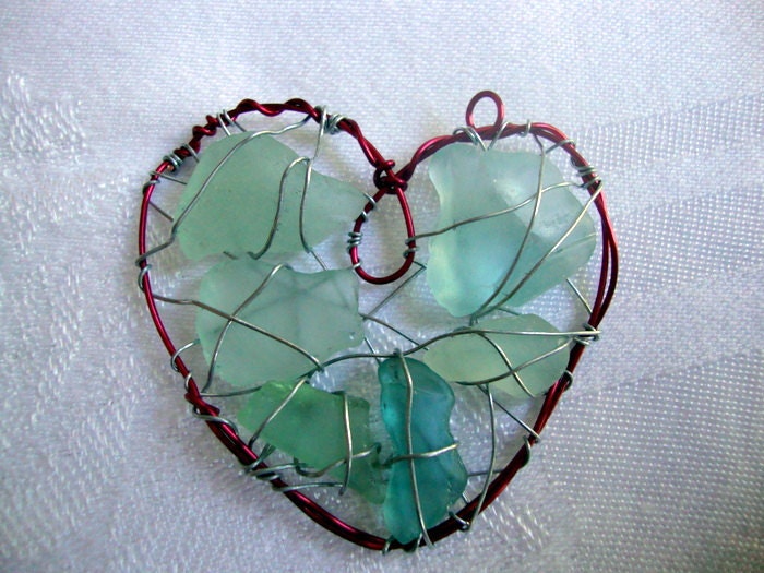Sweet Red Heart Suncatcher Ornament with Aqua Seaglass