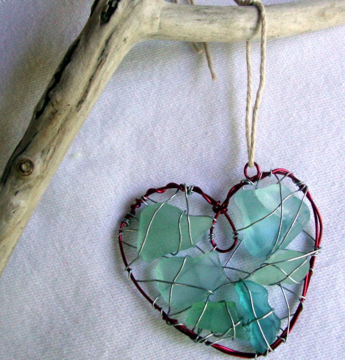 Sweet Red Heart Suncatcher Ornament with Aqua Seaglass
