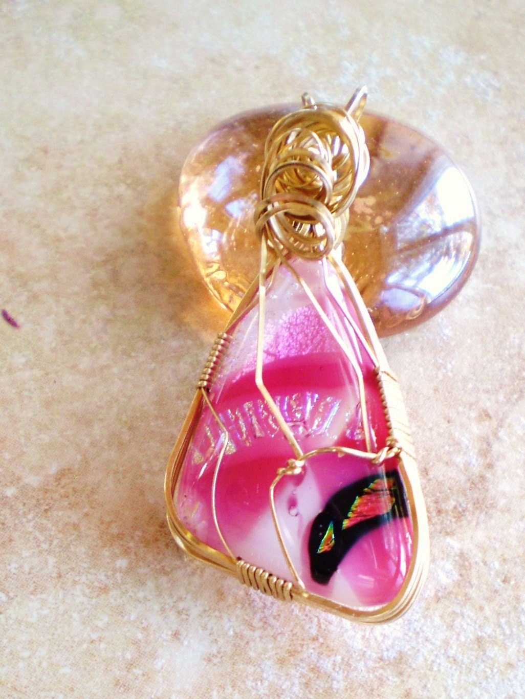 Watermelon Pink Dichroic Glass Cab wrapped in 14k gold