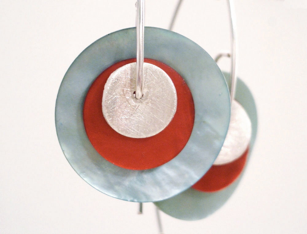 mother of pearl and sterling silver DOUBLE EARRING blue-red - Dangle earrings- Black Friday Etsy Cyber Monday Etsy