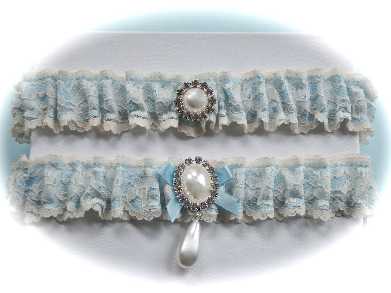 Bride Garter Set in Lace and Satin with Pearl and Rhinestones Cabochon Centerings