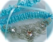 Ocean Blue Satin Bride Garter Set with Crystals Sequin and Platinum Embroidery