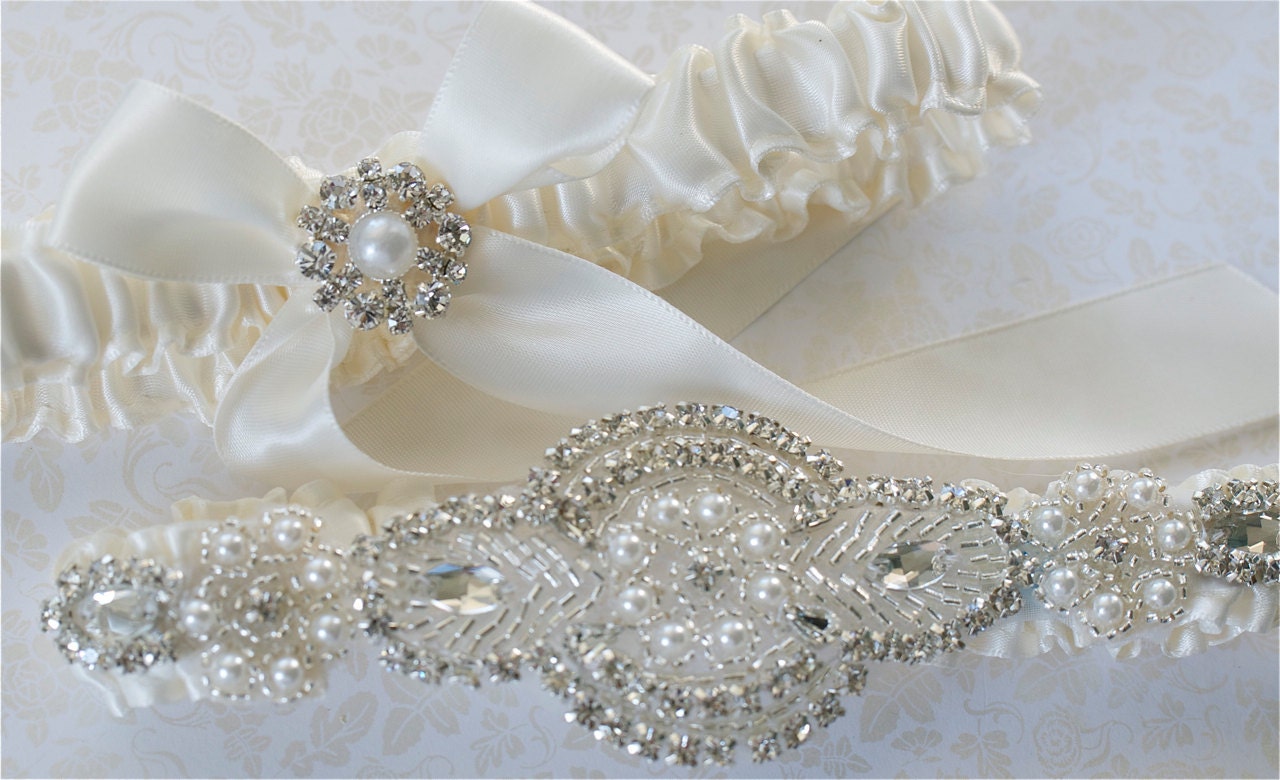 Wedding Garter, Garter Set, Pearl, and  Rhinestones Applique on Ivory Satin Bride Garter with Satin Tossing Garter