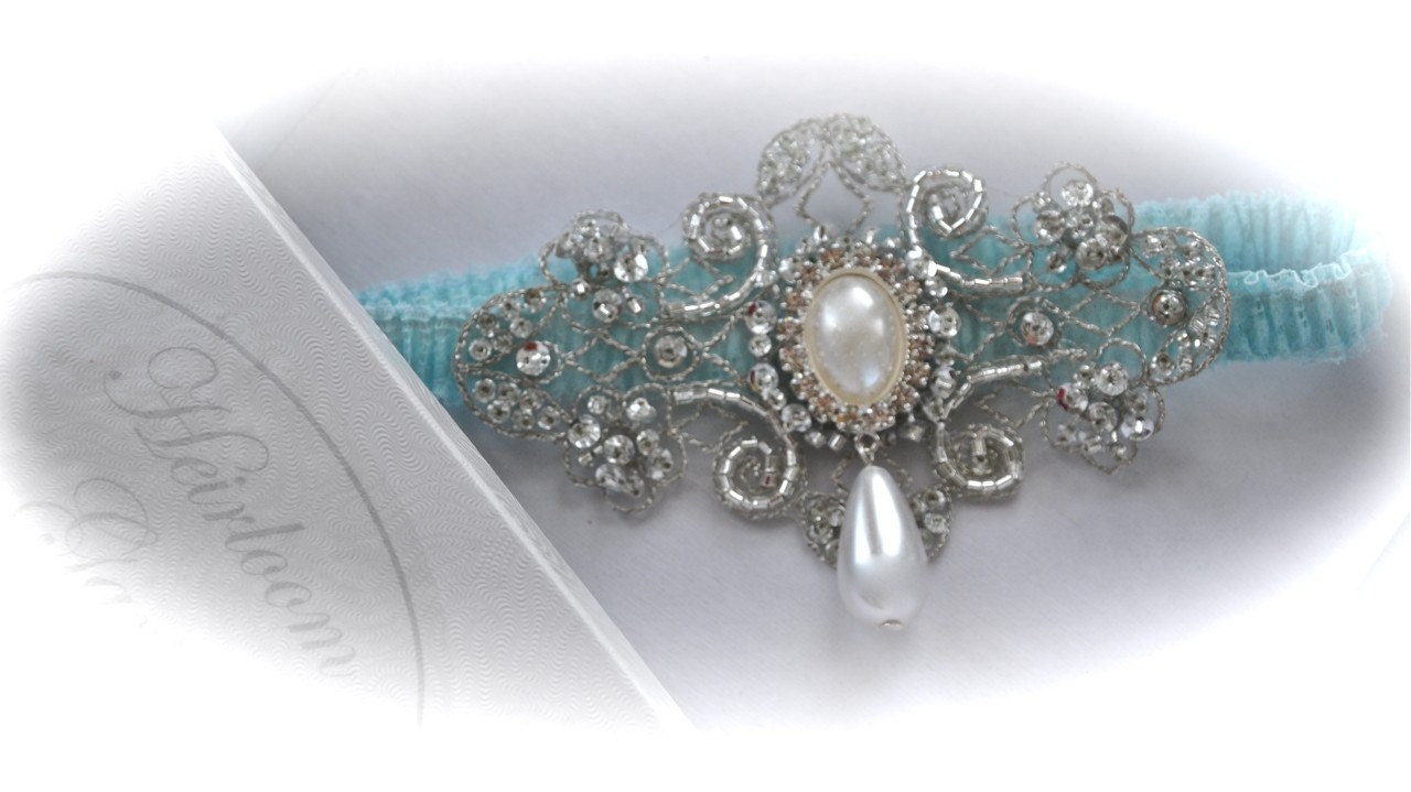 Bride Garter in Something Blue Sensually Narrow Lace with Exquisite Jeweled and Pearl Dangle