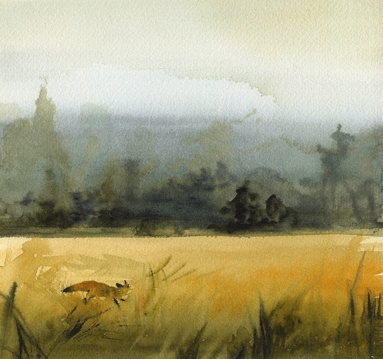 landscape painting, gold, ochre, grey, decor, watercolor, "March Fox" Archival Print