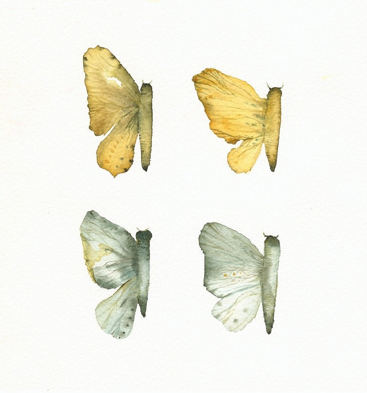 Butterfly Wings- Gold, teal, grey- archival print of original watercolor - amberalexander