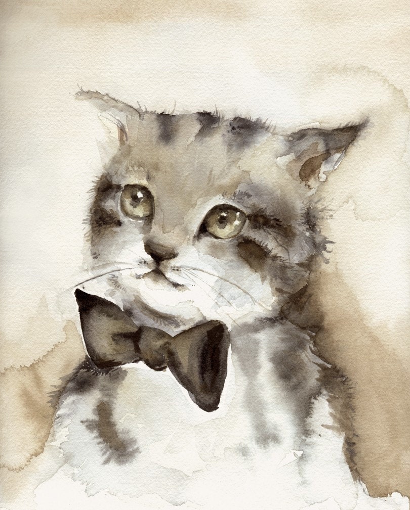 Cat Art-cat watercolor, -"Dreamer" Archival Print, children, decor, nursery decor, brown, grey