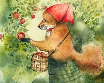 Children's room, decor, kids, nursery- "Greta, picking apples"- Fox art, fox watercolor