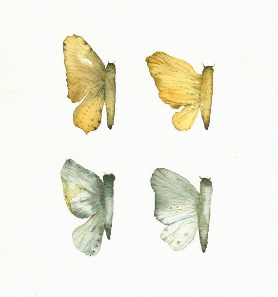 Butterfly Wings- Gold, teal, grey- archival print of original watercolor