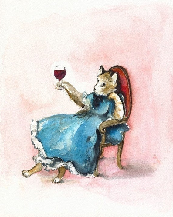 Cat art, wine- "A Hard Day" -cat watercolor print, hostess, entertaining, wine lover