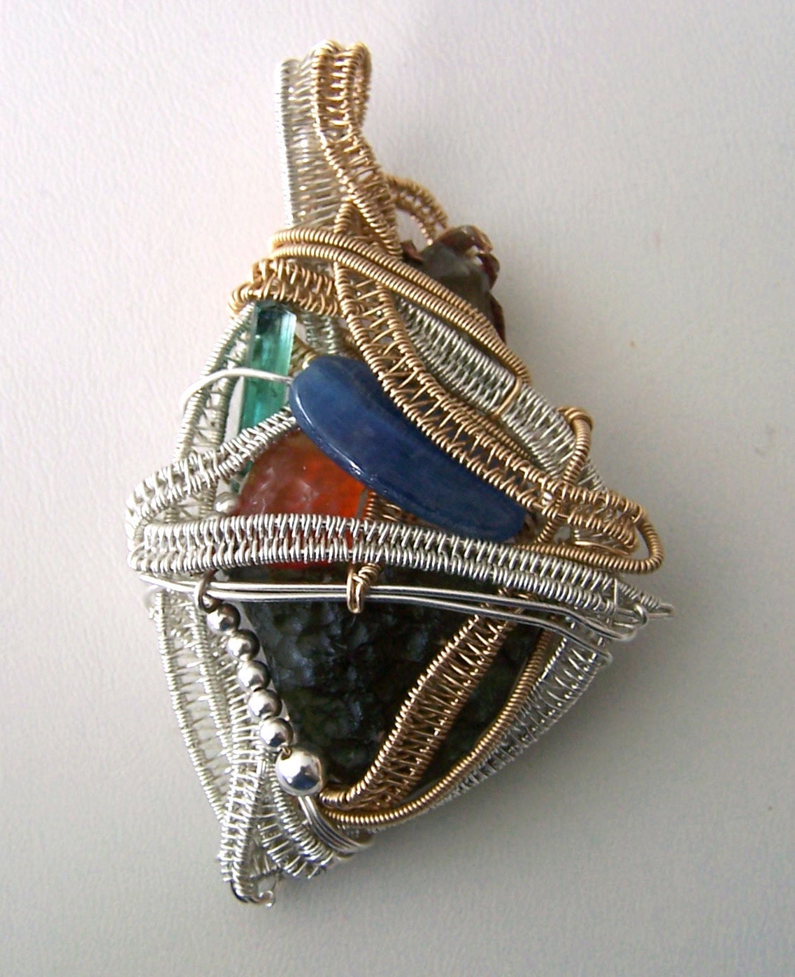 Moldavite - Kyanite - Spessartite - Blue Green Tourmaline - Yellow Apatite - Crystal gem wire wrap necklace pendant - Sterling Silver Gold