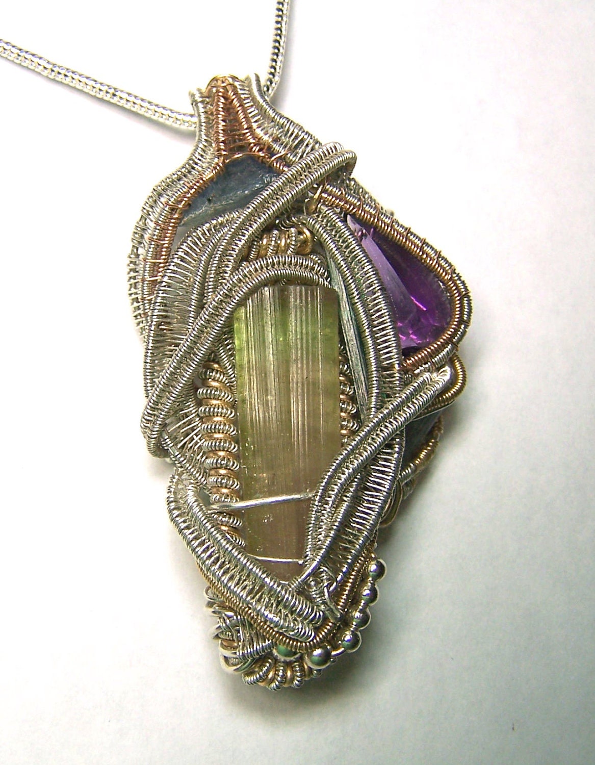 Watermelon Tourmaline, Tanzanite,  Amethyst, Kyanite, Blue Green Tourmaline crystal gemstone wire wrap necklace pendant Sterling Silver Gold