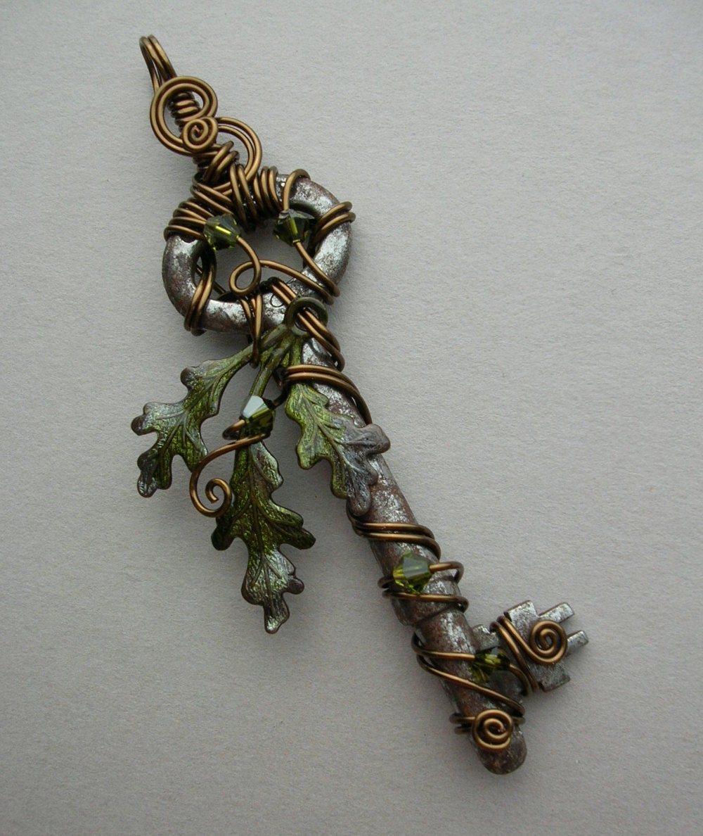 Oak Key Pendant -- Wire Wrapped Key Pendant with Green/Brown Inked Brass Triple Oak Leaves, Bronze Wire, Swarovski Crystal