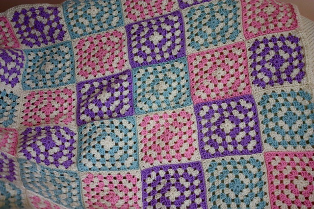 Crochet Baby Blanket Granny Square Pattern in Pink, Purple, Light Blue and Cream Made to Order