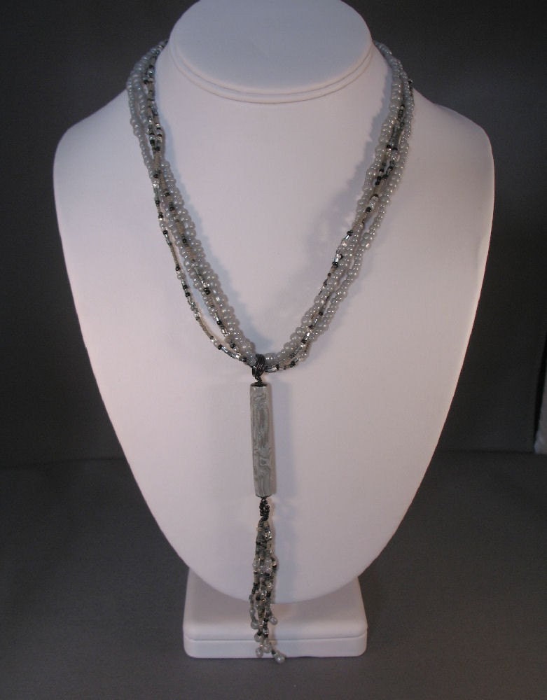 Black and grey Multi-Strand Seed Bead Necklace with Handmade Polymer Clay Pendant