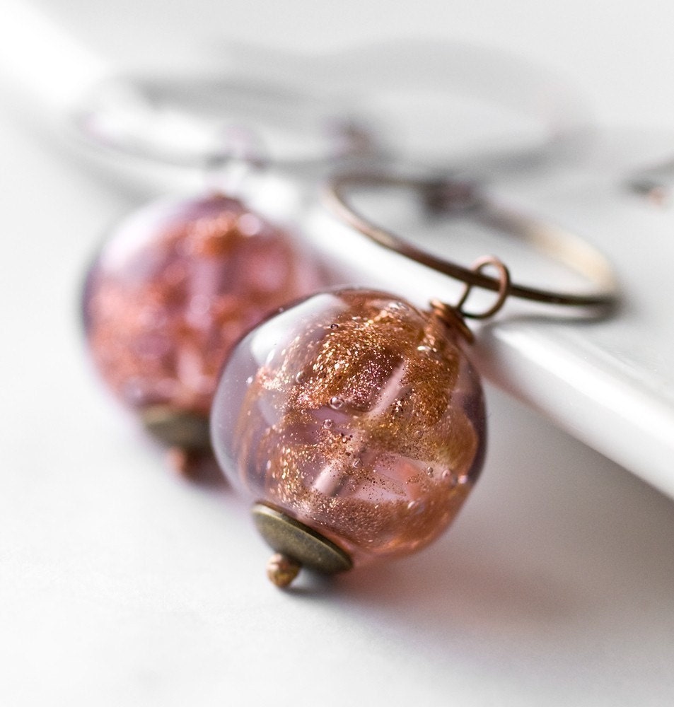 Light pink earrings  Murano glass with aventurrina brass hoop and oxidized copper hooks