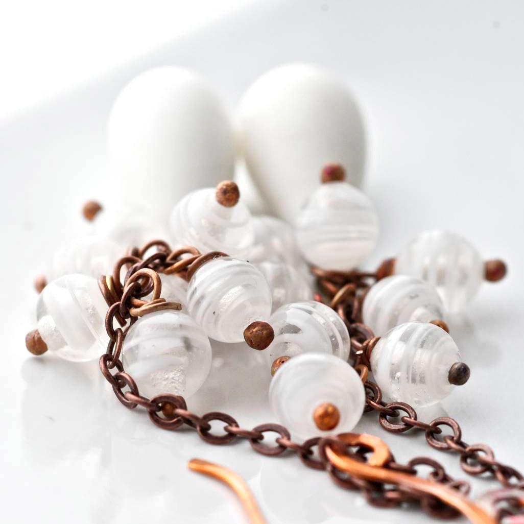 Dangle long White glass drops earrings dangle copper chain