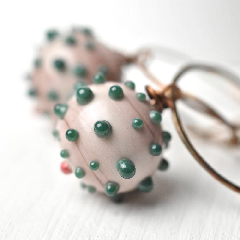 Soft pink green earrings glass bead handmade and oxidized brass hoops - MINA earrings betsy3
