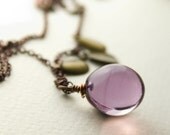 Light purple Murano glass drop necklace with brass leaves - betsy3