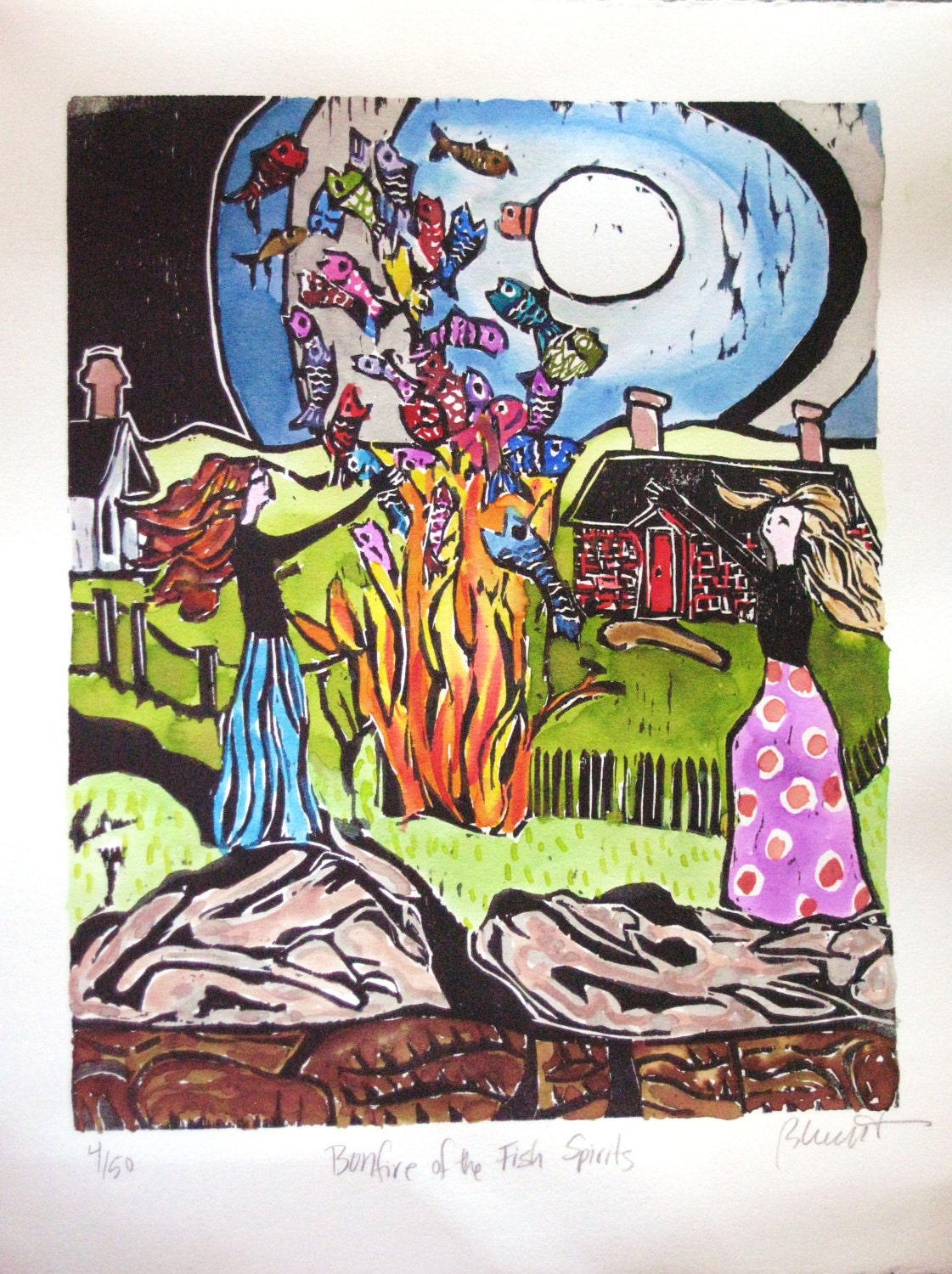 Bonfire of the Fish Spirits - original woodblock print