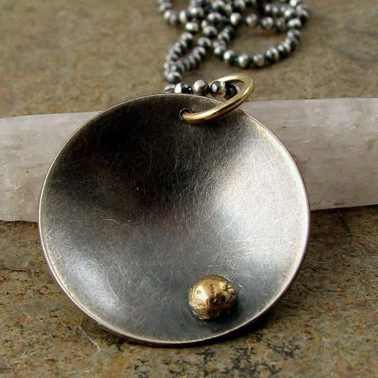 Black Silver with Gold Necklace Solid Gold Dot Contemporary Mixed Metal Necklace Oxidized Sterling Silver Metalwork Jewelry Modern 14k