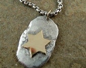 Mens Star of David Necklace, Recycled Sterling Silver & Solid 14k Yellow Gold Dog Tag Necklace. Mans Jewelry