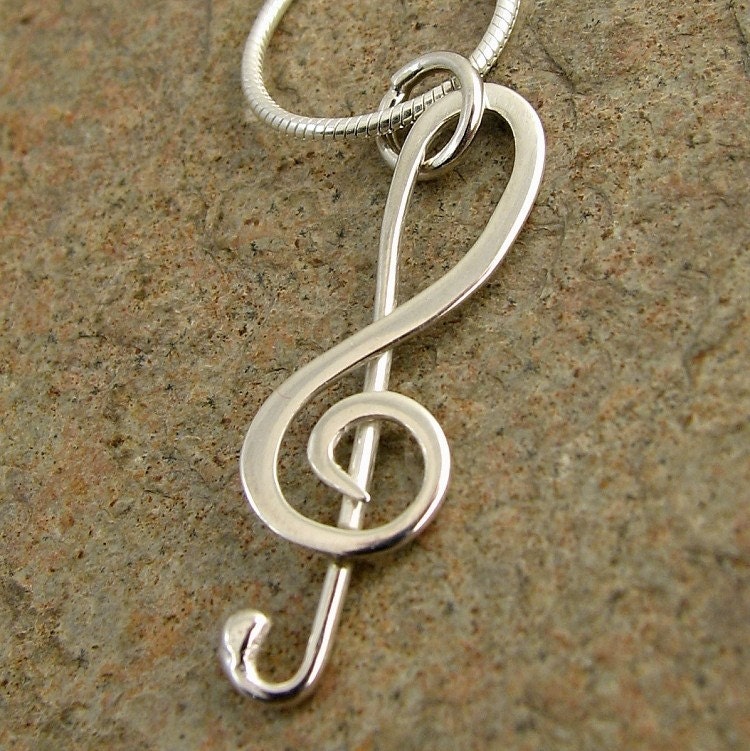 Hand Fabricated Sterling Silver Treble Clef Necklace G Clef Music Note Pendant Music Jewelry