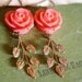 Romance Earrings-Vintage brass leaves and coral roses