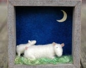Nighttime Mama Sheep and Lamb - Needle Felted Shadow Box Scene