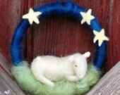 Nighttime Lamb and Stars - Needle Felted Mini Wall Art - Made to Order