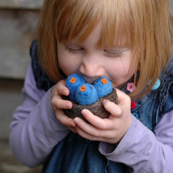 Baby Birds in a Nest - Felted Natural Toy in Blue