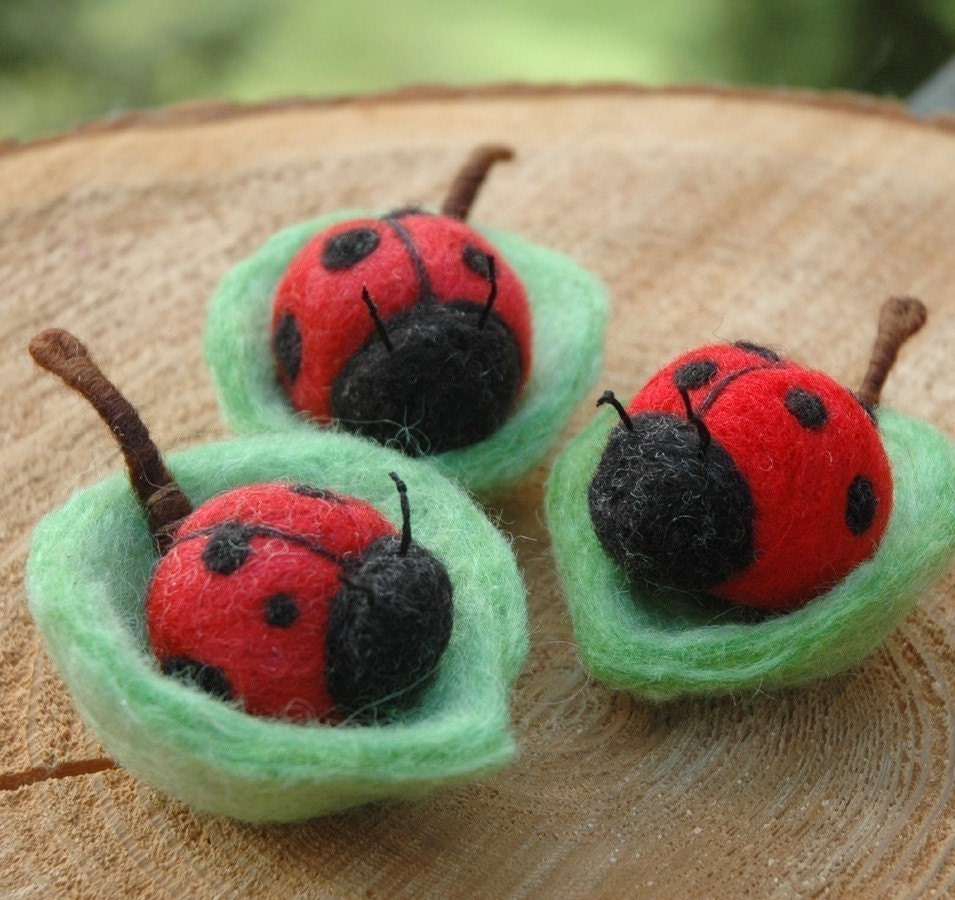 Ladybug in a Leaf Bowl - Needle Felted Natural Toy or Decor
