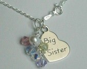 Sterling Silver  Little Sister / Big Sister Heart Charm Children Necklace, Freshwater Pearl, Multicolour Dangle Pendant