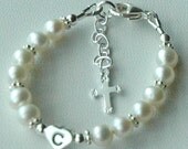 Sterling Silver Initial Heart Freshwater Pearl With Dangle Cross  Custom Children Bracelet