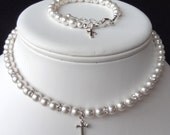 Elegant Children Swarovski Crystal Pearl and Rondelle With Cross  Necklace/Bracelet/Earrings--SET, First Communion, Confirmation