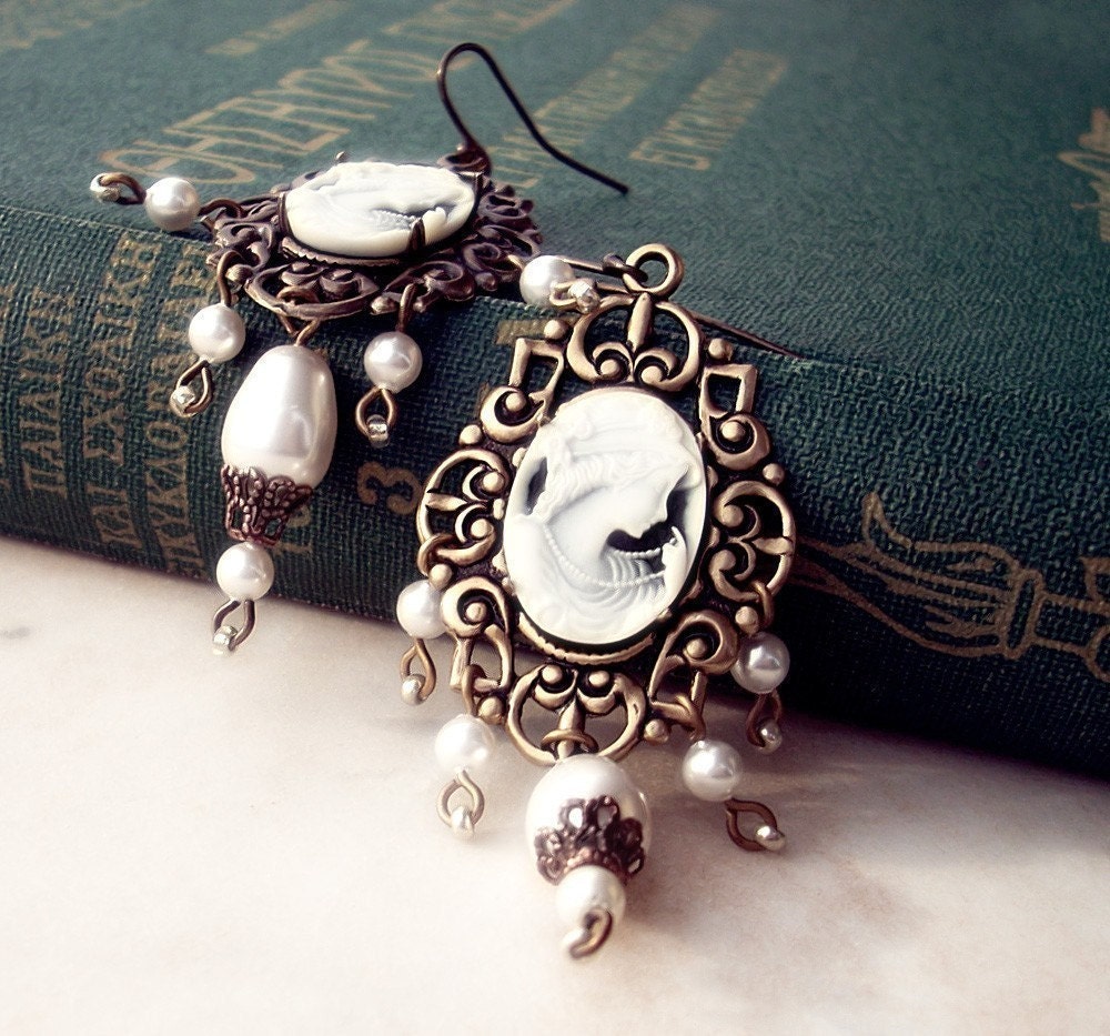 Cameo Earrings White Pearls Dangle Chandelier Earrings