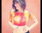 Vintage Cropped Tie-Dyed Belly Shirt with Cinched Neckline, Arms, and Bottom - SMALL - Made in Indonesia