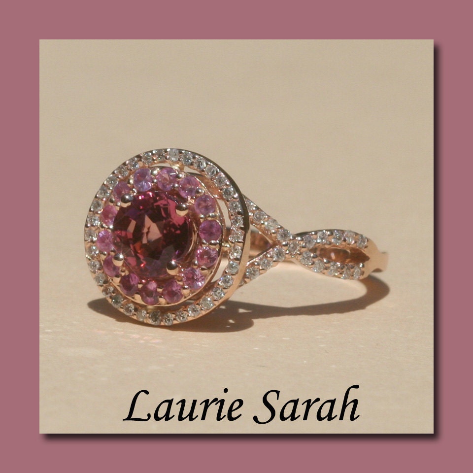 Round Pink Tourmaline Twisted Shank Ring with Pink Sapphire and Diamond Double Halo - LS1541