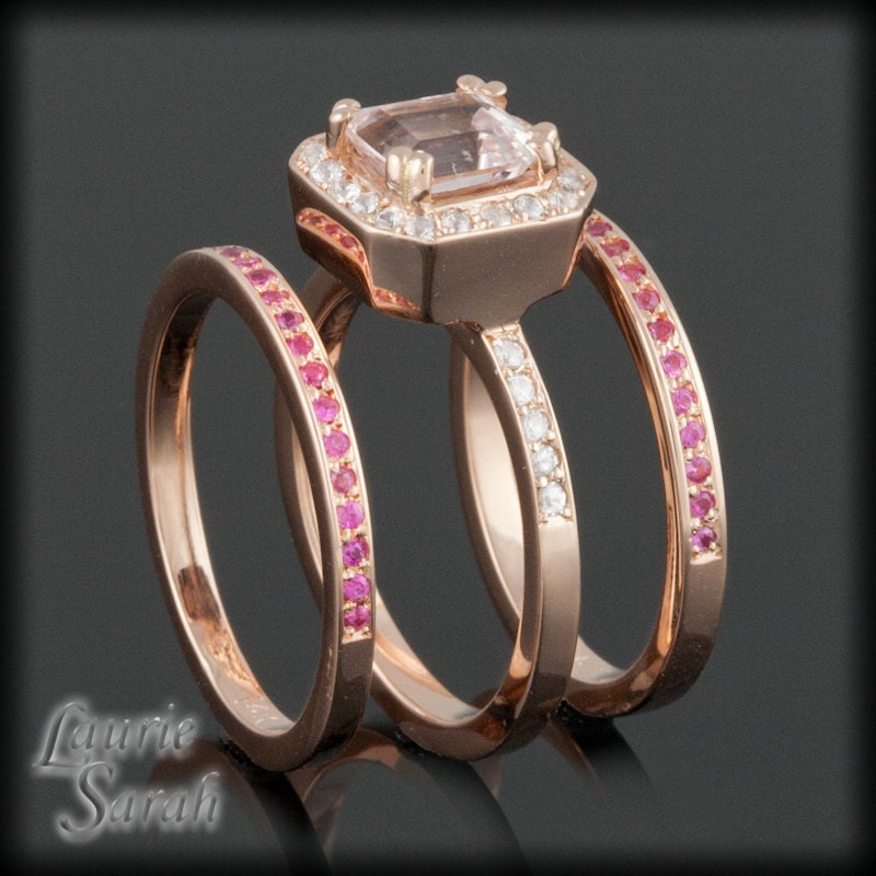 Asscher Cut Morganite and White Sapphire Engagement Ring with Two Pink Sapphire Wedding Bands in 14kt Rose Gold - LS1514