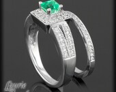 Columbian Green Emerald Wedding Set with Diamond Halo, Split Shank, and Wedding Band - LS2031