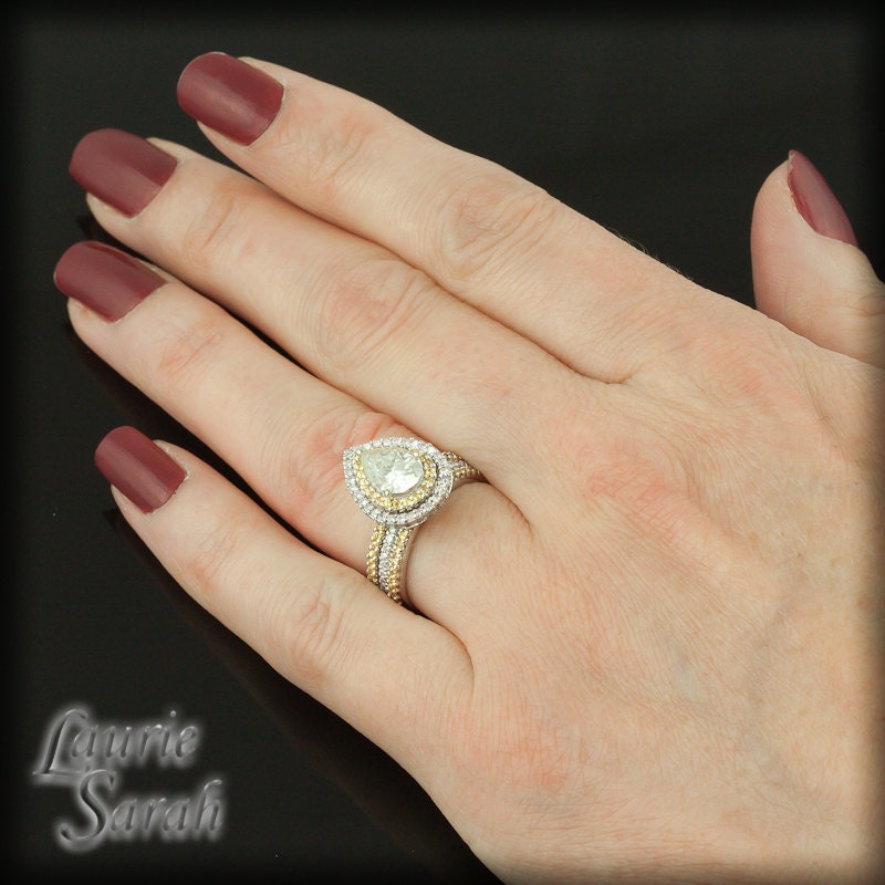 Pear Shaped Moissanite Engagement Ring Wedding Set with Yellow Sapphires & Diamonds - LS1515